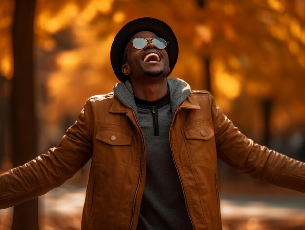 Afrikaanse man in emotionele dynamische pose op herfstachtergrond