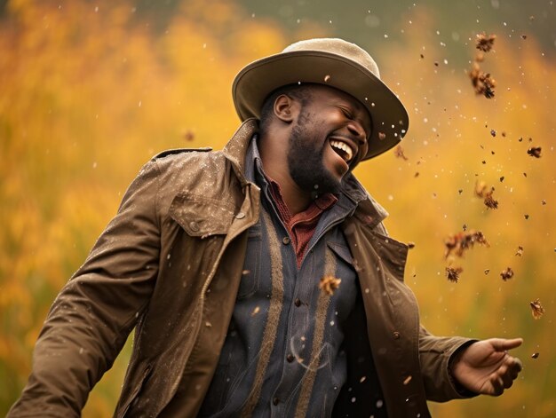 Afrikaanse man in emotionele dynamische pose op herfstachtergrond