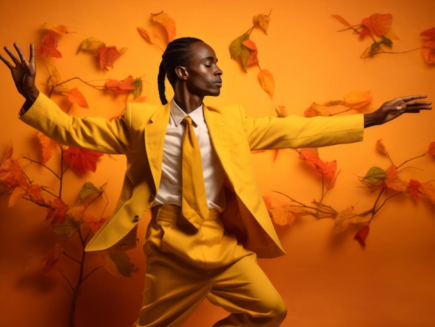 Afrikaanse man in emotionele dynamische pose op herfstachtergrond