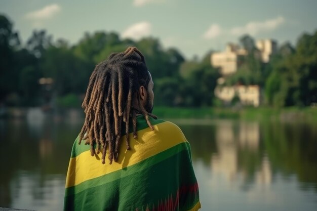 Foto afrikaanse man met dreadlocks tshirt met reggaekleuren generatieve ai