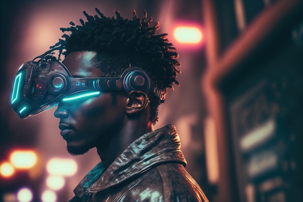Afrikaanse man met een virtual reality-bril die op de achtergrond van de virtuele wereld staat