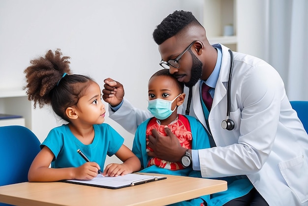 Afrikaanse mannelijke kinderarts houdt stethoscoop onderzoek kind jongen patiënt bezoek dokter met moeder zwarte kinderarts controleer hart longen van kind doen pediatrische check-up in het ziekenhuis kinderen medische zorg concept