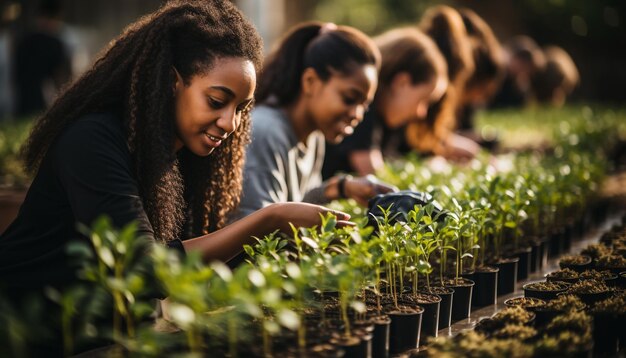 Foto afrikaanse mannen en vrouwen verbinden zich met een glimlach die de frisheid van de natuur vasthoudt, gegenereerd door ai.