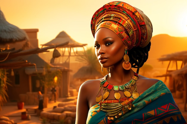 Afrikaanse mooie vrouw in profiel op de achtergrond van Afrika AI gegenereerd