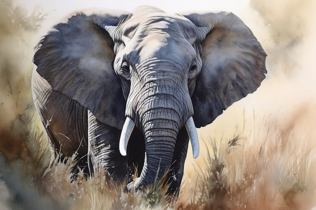 Afrikaanse olifant aquarel mooie natuurlijke vormen scherpe schone vormen kleurrijke witte achtergrond genereren ai