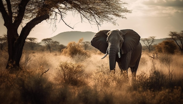 Afrikaanse olifant loopt in de savanne bij zonsopgang met een kudde gegenereerd door AI