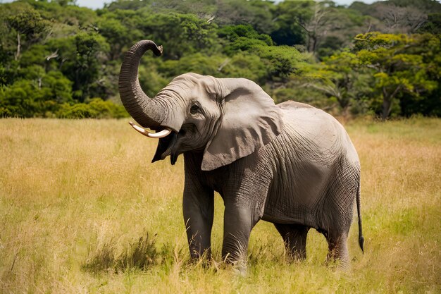 Foto afrikaanse olifant tilt zijn slurf op in een majestueuze tentoonstelling