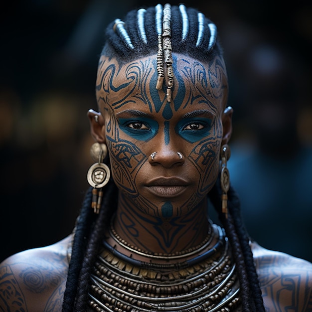 Afrikaanse stammen met blauwe tatoeages op het gezicht