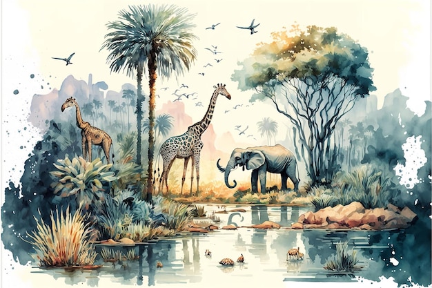 Afrikaanse tropische regenwoudscène afgebeeld in een 3D-aquarelschilderij met bomen dicht bij een rivier en giraffen Generative Ai