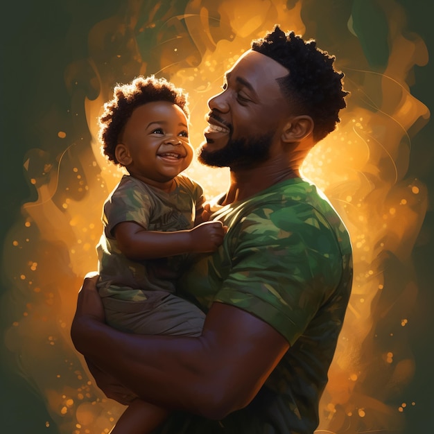 Afrikaanse vader met baby in zijn armen lichtend met sleutelconcept op arial grijze achtergrond