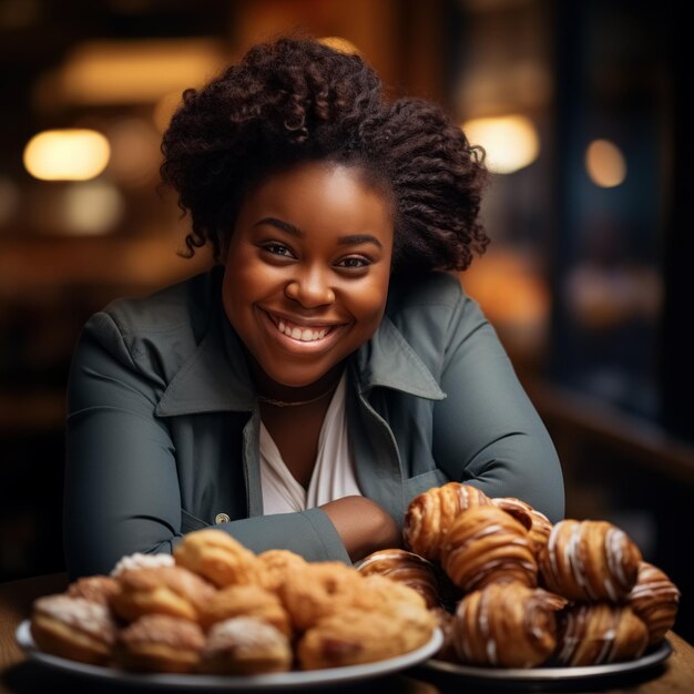 Afrikaanse vrouw eigenaar van schilderachtige bakkerij en koffieshop aan tafel omringd door verrukkelijke gebakjes glimlach
