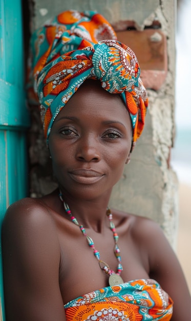 Afrikaanse vrouw in een turban traditionele kleding en interieur Een meisje met sieraden in gekleurde kleding zwarte mooie huid en behoud van haar Afrikaanse etnische afkomst