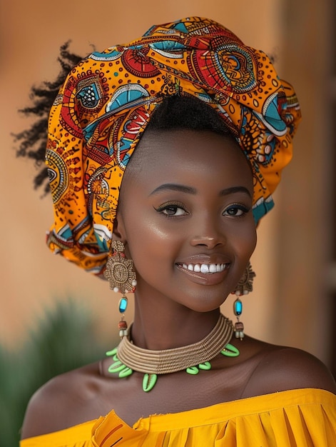 Afrikaanse vrouw in een turban traditionele kleding en interieur Een meisje met sieraden in gekleurde kleding zwarte mooie huid en behoud van haar Afrikaanse etnische afkomst