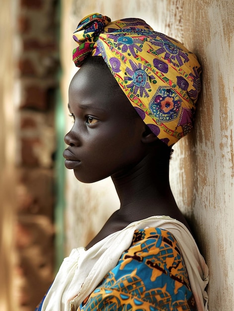 Afrikaanse vrouw in een turban traditionele kleding en interieur Een meisje met sieraden in gekleurde kleding zwarte mooie huid en behoud van haar Afrikaanse etnische afkomst