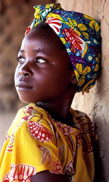 Afrikaanse vrouw in een turban traditionele kleding en interieur Een meisje met sieraden in gekleurde kleding zwarte mooie huid en behoud van haar Afrikaanse etnische afkomst