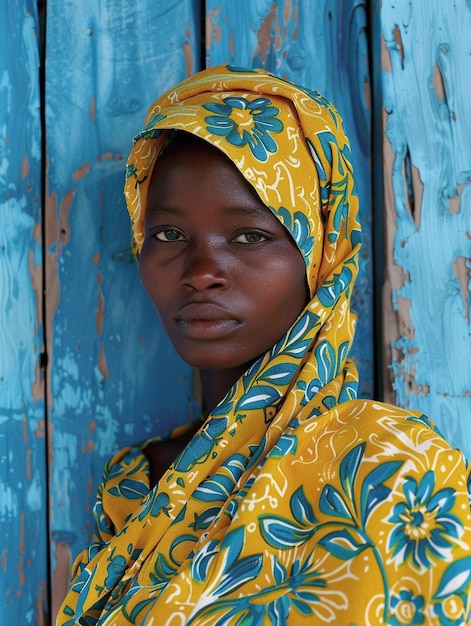 Afrikaanse vrouw in een turban traditionele kleding en interieur Een meisje met sieraden in gekleurde kleding zwarte mooie huid en behoud van haar Afrikaanse etnische afkomst