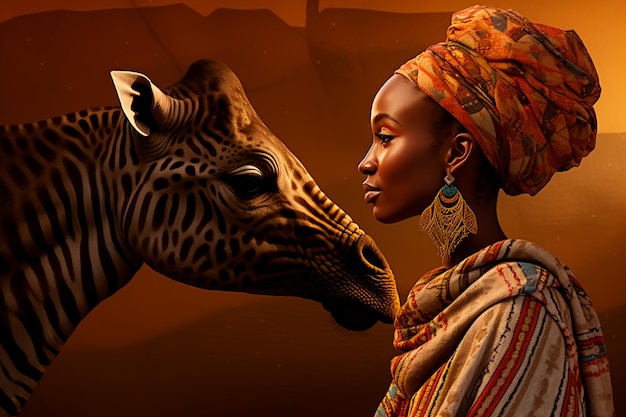 Afrikaanse vrouw in traditionele kleding Giraf op de achtergrond Profielfoto AI gegenereerd