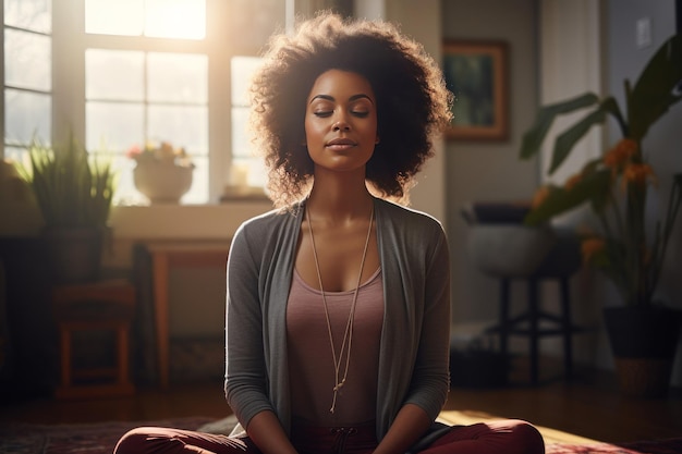 Afrikaanse vrouw mediteren en beoefenen van yoga thuis thuis
