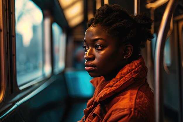Afrikaanse vrouw met een ernstig gezicht zit in een verlaten metro trein vermoeide jonge vrouw rijdt in een metro in de late uren