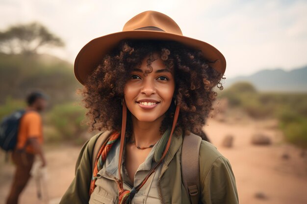 Afrikaanse vrouw met krullend haar, avonturiersuitrusting en hoed dragend op een safarisavanne en vage wi
