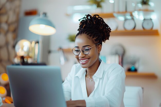 Afrikaanse vrouw met laptop Technologie Freelance online cursus afstandswerk en levensstijlconcept
