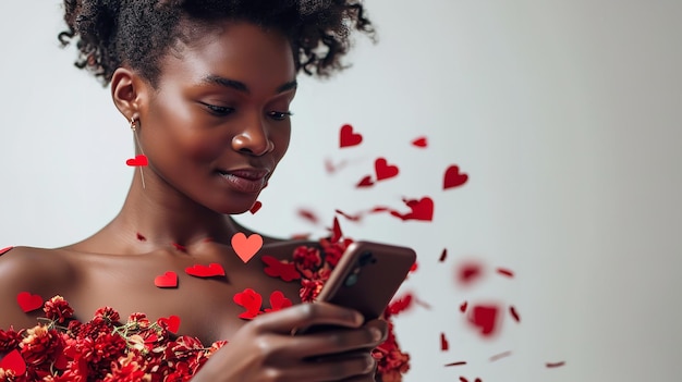 Afrikaanse vrouw met telefoon en harten die eruit komen op Valentijnsdag met kopieerruimte Generatieve AI