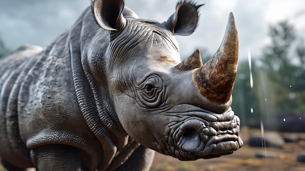 Afrikaanse witte neushoorn in de studio donkere achtergrond Close-up met grijze droge huid buiten in natuurlijk zonlicht met twee hoorns neushoorn