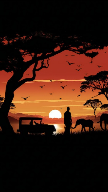 Afrikaanse zonsondergang met olifanten en bomen
