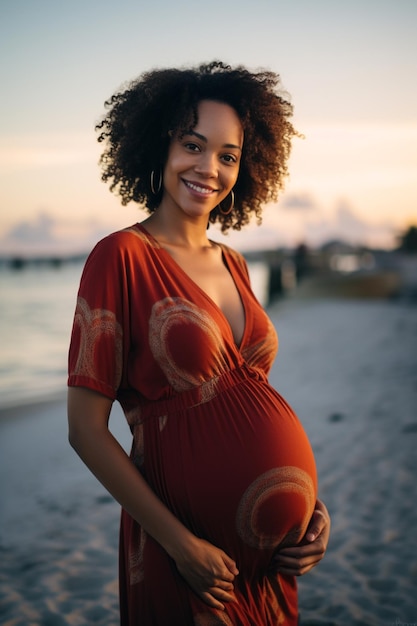 Afrikaanse zwangere vrouw die wacht op een babyzwangerschapsportret van een mooi meisje met een Afrikaans uiterlijk dat sprankelende emoties met een dikke buik verwacht