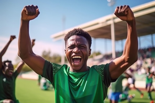 Afrikaanse zwarte voetballer in een groene uniform verheugt zich over een doelpunt in een stadion vol toeschouwers