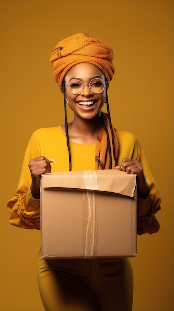Afrikaanse zwarte vrouw die een doos vasthoudt