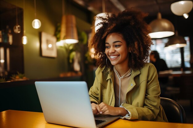 Афроамериканская красавица с ноутбуком, работающая в кафе