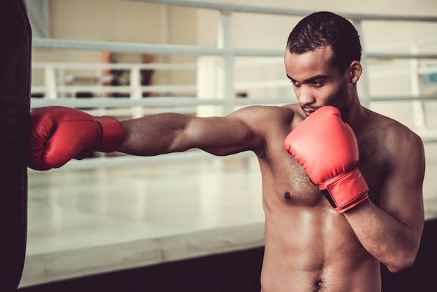 Afro American boxer with bare torso in red boxing gloves.