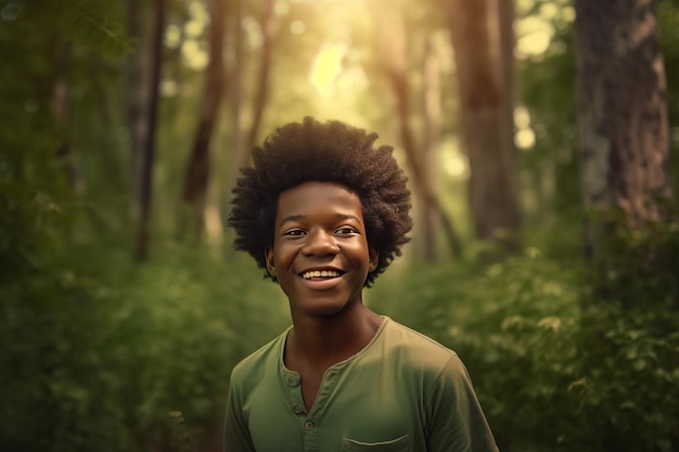 Afro american boy forest Child smile Generate Ai