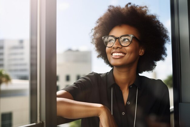 窓のそばを眺めながら微笑む巻き毛のアフロヘアメガネをかぶったアフリカ系アメリカ人ビジネス女性マネージャー