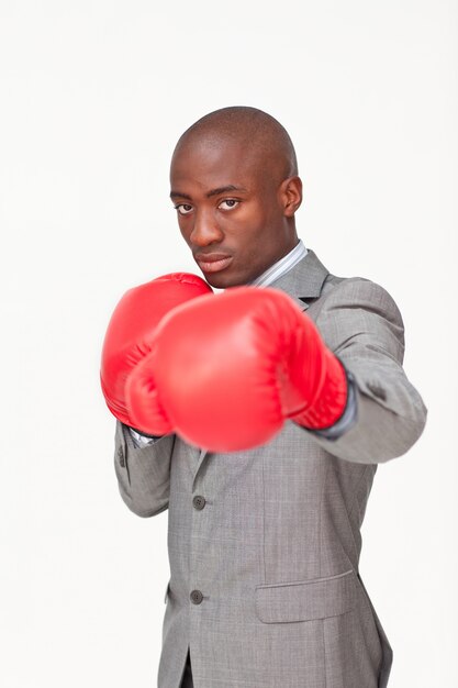 Afro-American businessman boxing