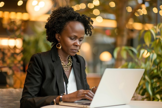 A afro american businesswoman is working on a laptop