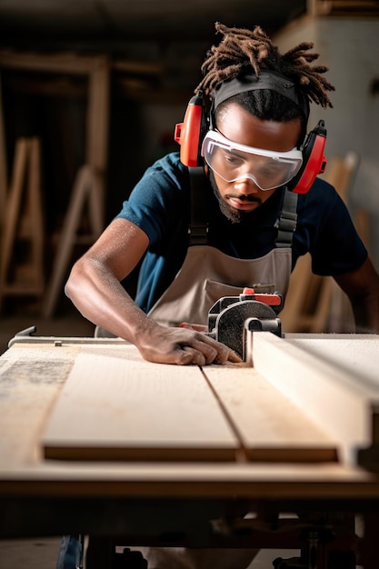 Афро-американский плотник распиливает деревянную доску на раздвижной настольной пиле Концепция Дня труда