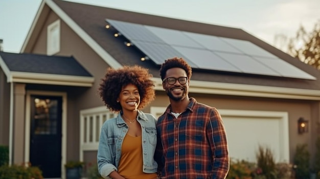 Afro American couple in front of a massive house with solar panels Generative AI