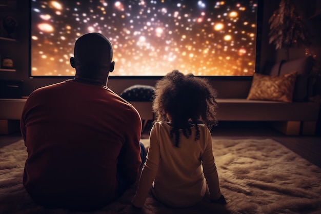 Афроамериканский отец и дочь сидят на полу и смотрят телевизор.