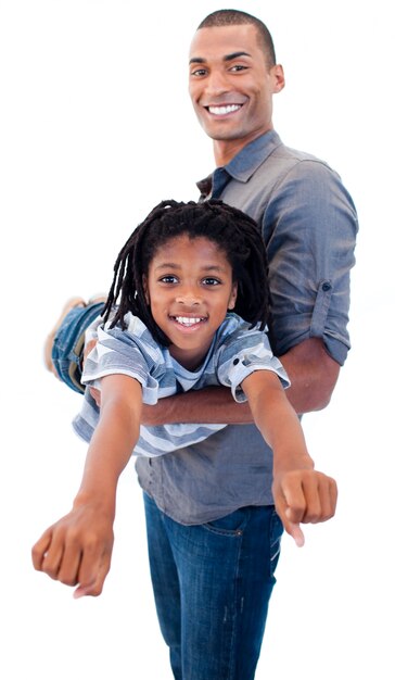 Afro-American father playing woth his son