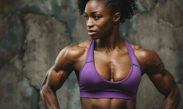 Afro American fitness model torso in purple top with well defined abdominal muscles