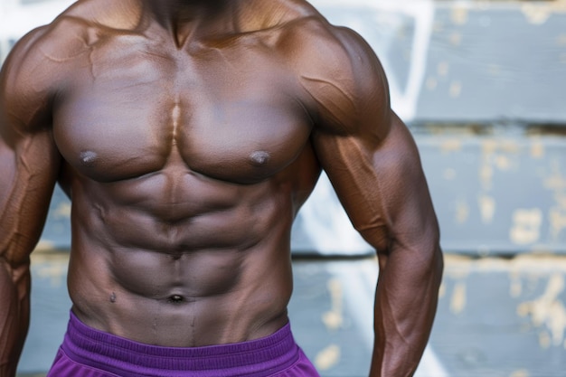 Foto torso di modello di fitness afroamericano in top viola con muscoli addominali ben definiti