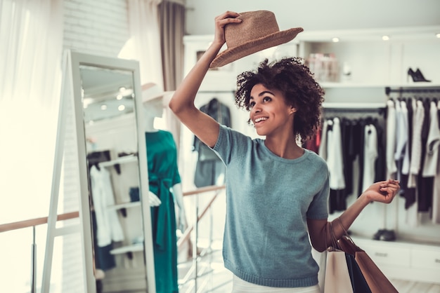 Afro American girl doing shopping