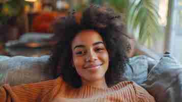 Photo afro american girl smiling enjoying the day off lying on the couch healthy lifestyle