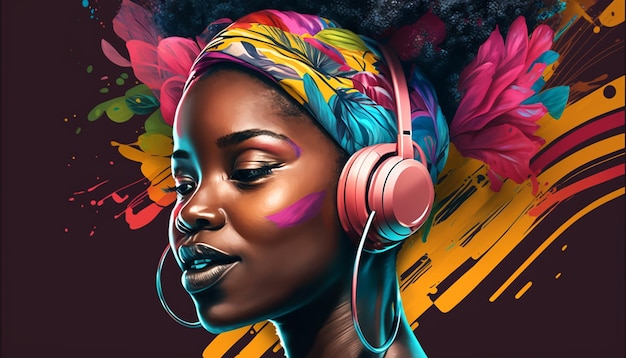 Afro american girl with headphones paintedGenerative AI