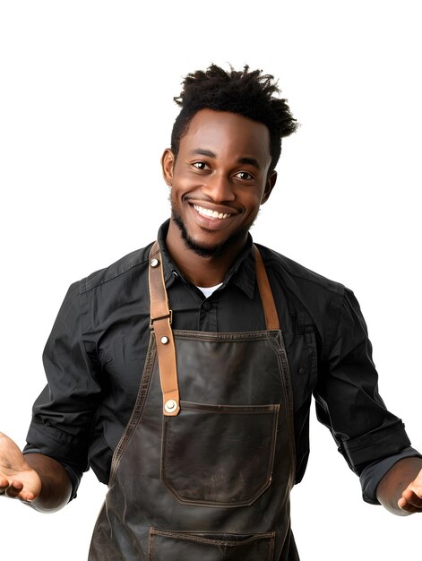 Afro american male barista with radiant face and sparkling smile in brown apron standing