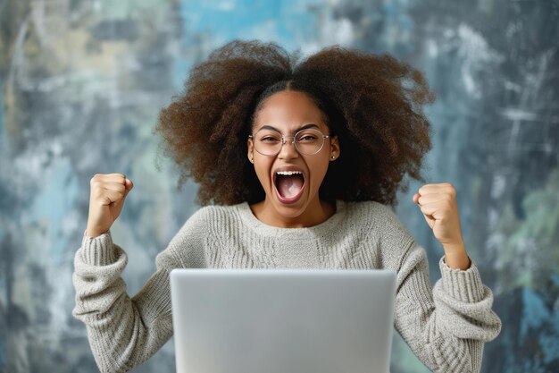 Photo afro american teenager woman excited and celebrative with laptop yelling and fist in hands contest winner