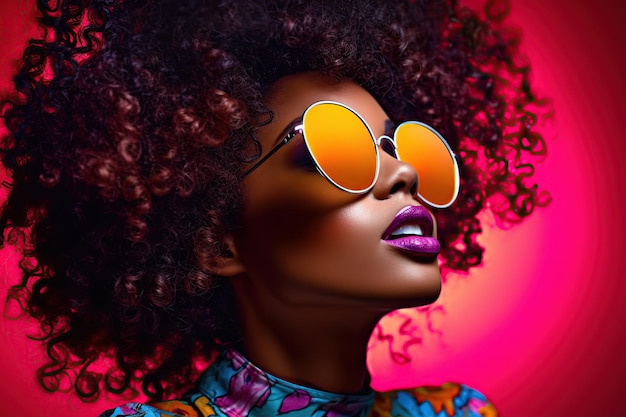 Afro american woman in sunglasses with neon lights