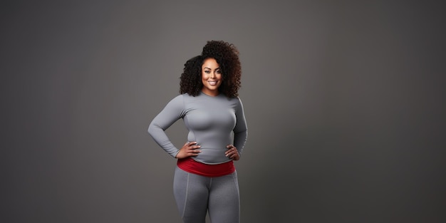 Afro American Woman with a fit plus size body stands in a studio confidently wearing fitness clothing